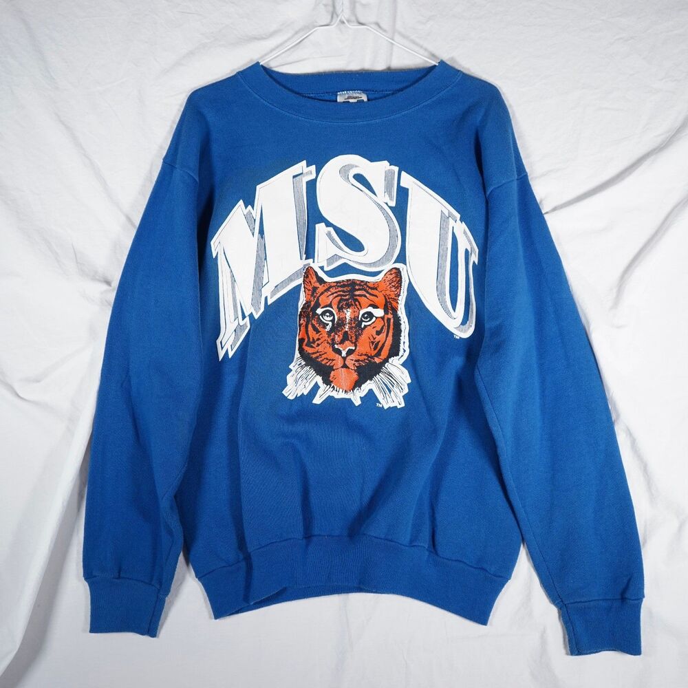 Vintage MSU Memphis State Tigers Crewneck Sweatshirt Blue Large Logo Graphic